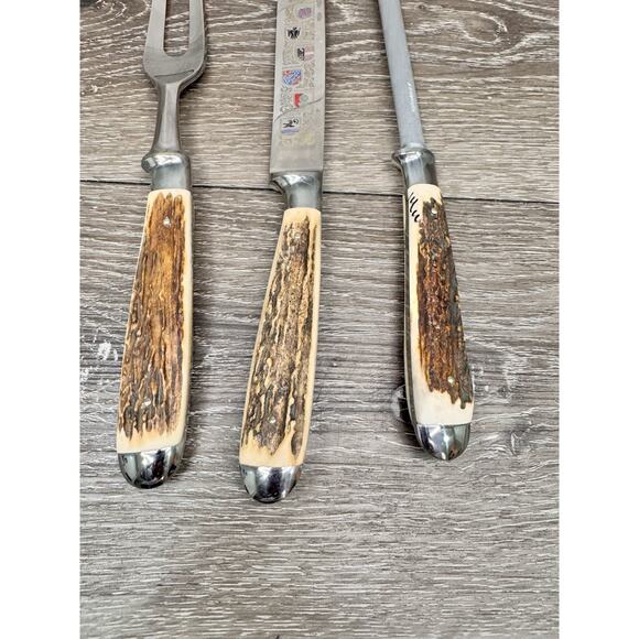 Solingen Germany Stainless Stag Antler Handle Carving Knife Serving Fork~3 Pc - Picture 4 of 9